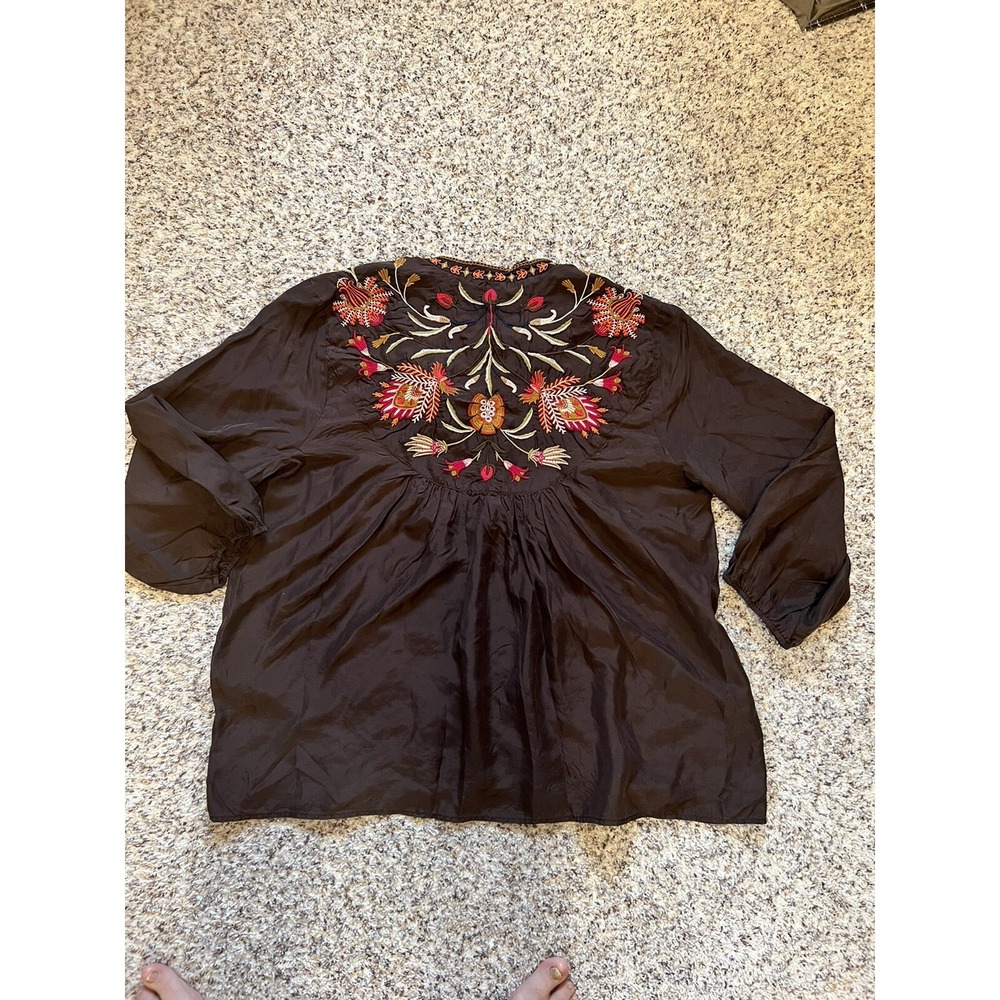 NWT Johnny Was %100 Silk XL Brown Embroidered Elastic Sleeves Tunic Blouse $305 - Picture 7 of 9